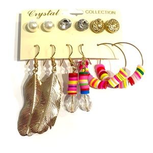 Earrings Set 6 Pair Gold Tone Studs Hoops Drop